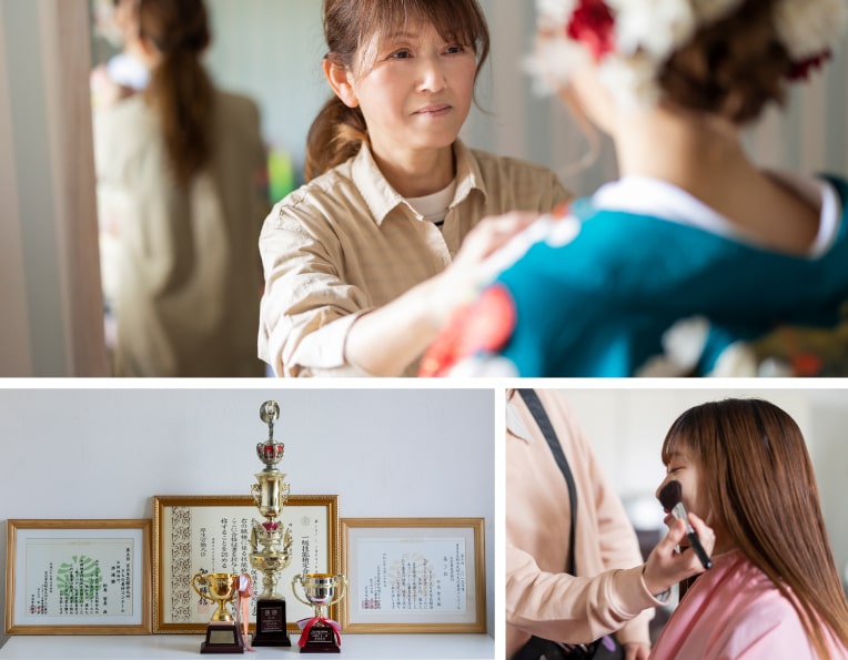 スタッフが着付けやメイクする様子